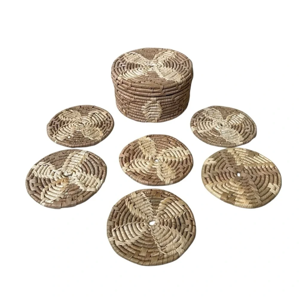 Handcrafted Brown and Tan Woven Rattan Coaster Ser